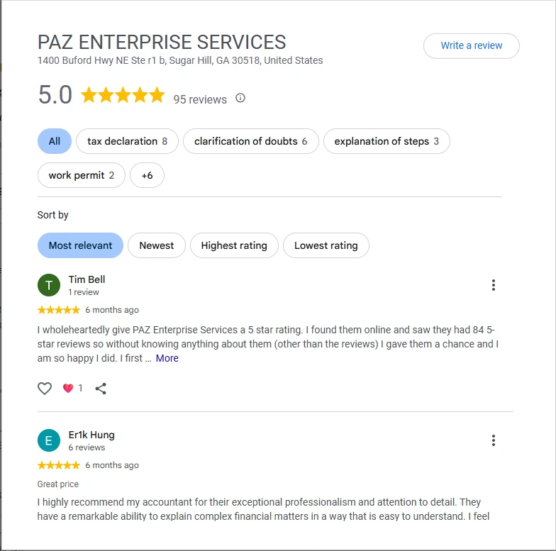 Captura de las reseñas de Google de Paz Enterprise Services